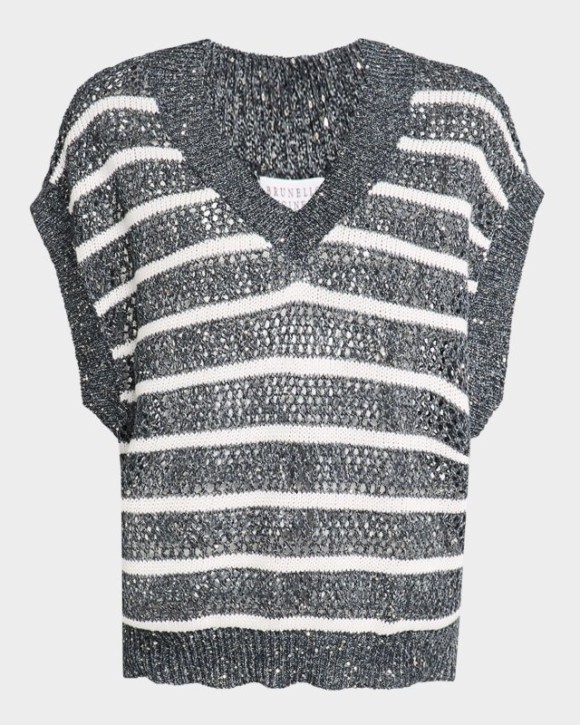 Antibes Striped Paillette Open-Knit Sleeveless Sweat